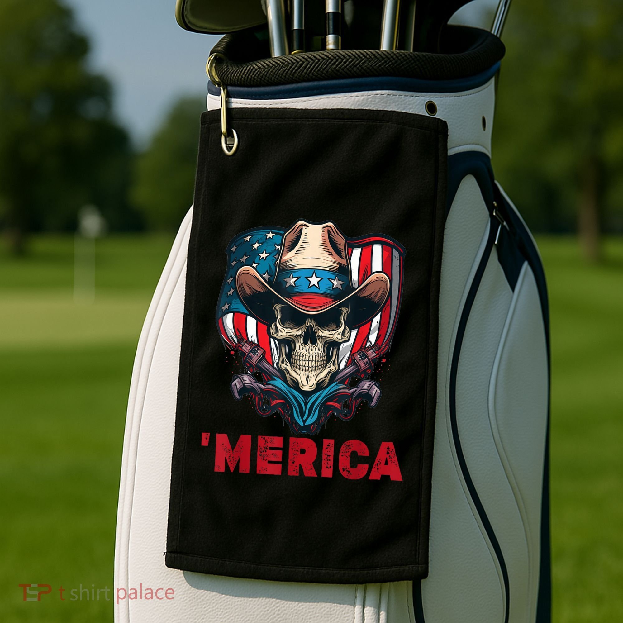 Retro Merica Cowboy Skull American Flag 4th Of July Golf Towel