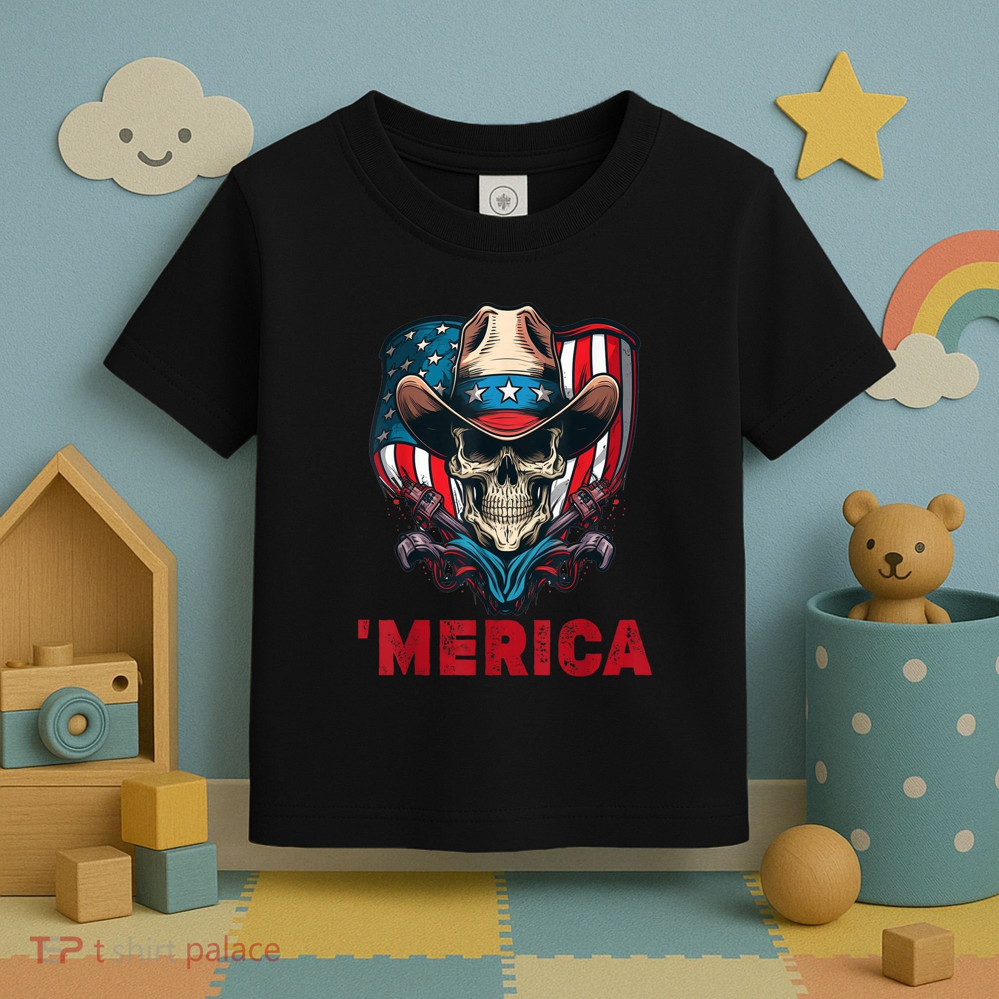 Retro Merica Cowboy Skull American Flag 4th Of July Toddler T-Shirt