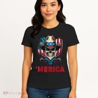 Retro Merica Cowboy Skull American Flag 4th Of July Women's T-Shirt thumb 4