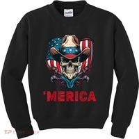 Retro Merica Cowboy Skull American Flag 4th Of July Kids Sweatshirt thumb 0
