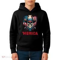Retro Merica Cowboy Skull American Flag 4th Of July Kids Hoodie thumb 4