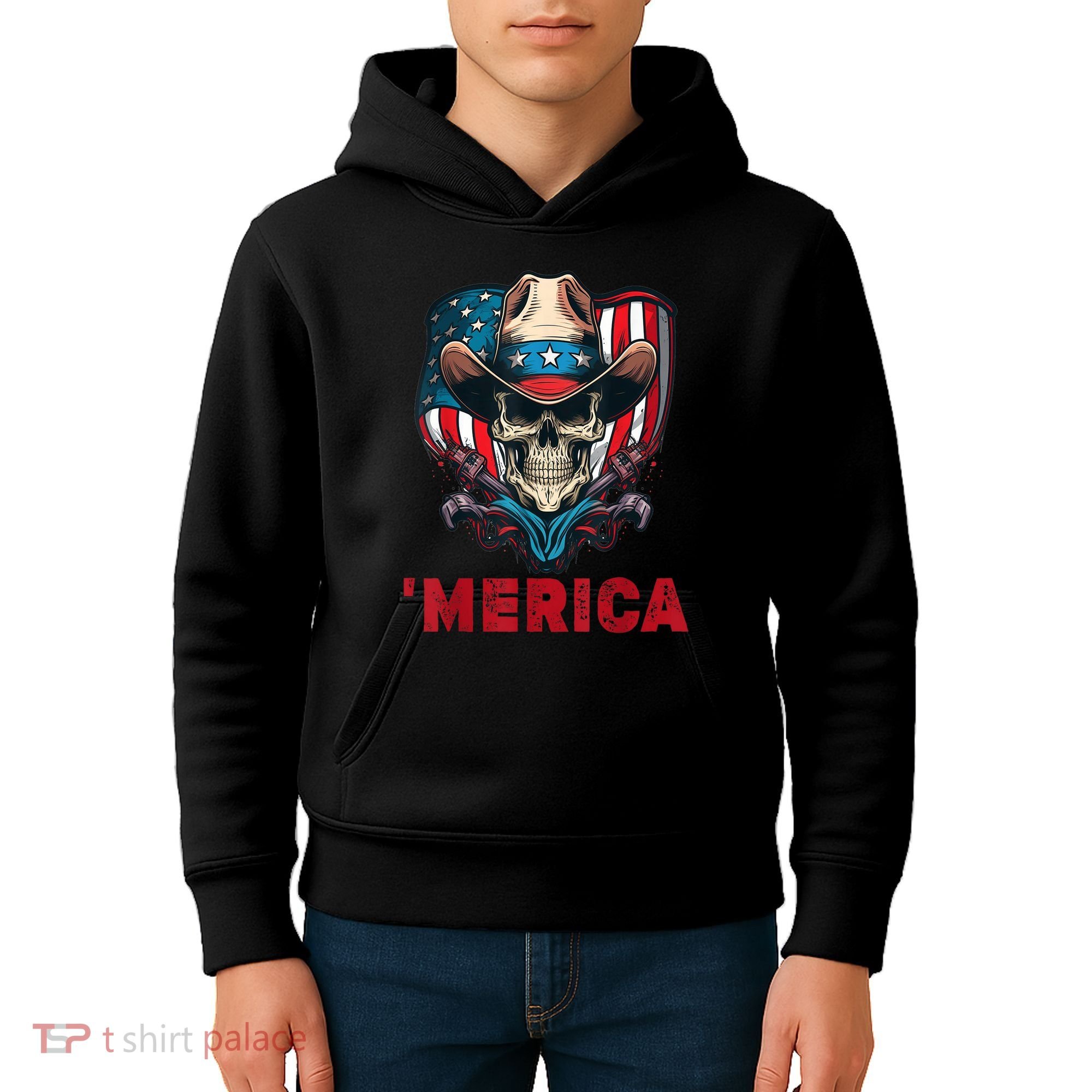 Retro Merica Cowboy Skull American Flag 4th Of July Kids Hoodie