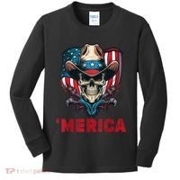 Retro Merica Cowboy Skull American Flag 4th Of July Kids Long Sleeve Shirt thumb 0