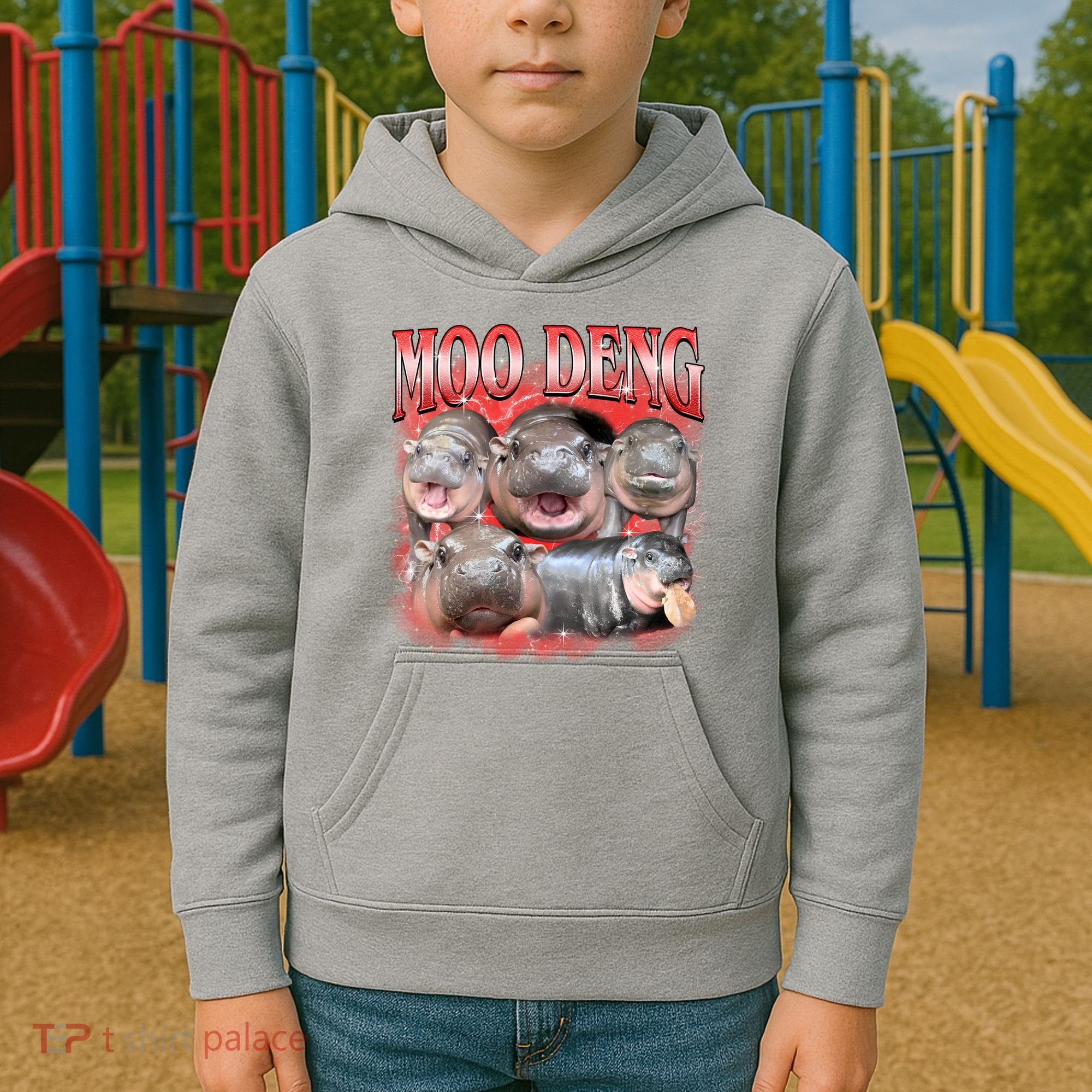 Red Moo Deng Meme Hippo Kids Hoodie