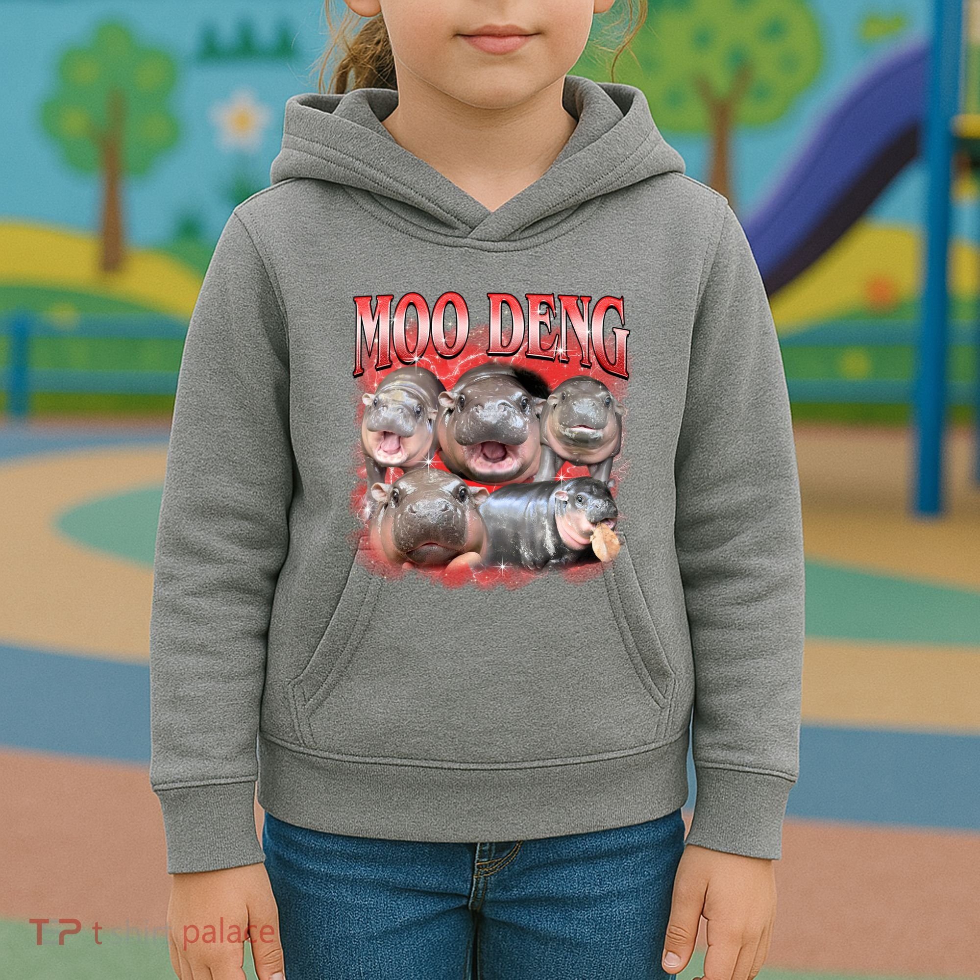 Red Moo Deng Meme Hippo Kids Hoodie
