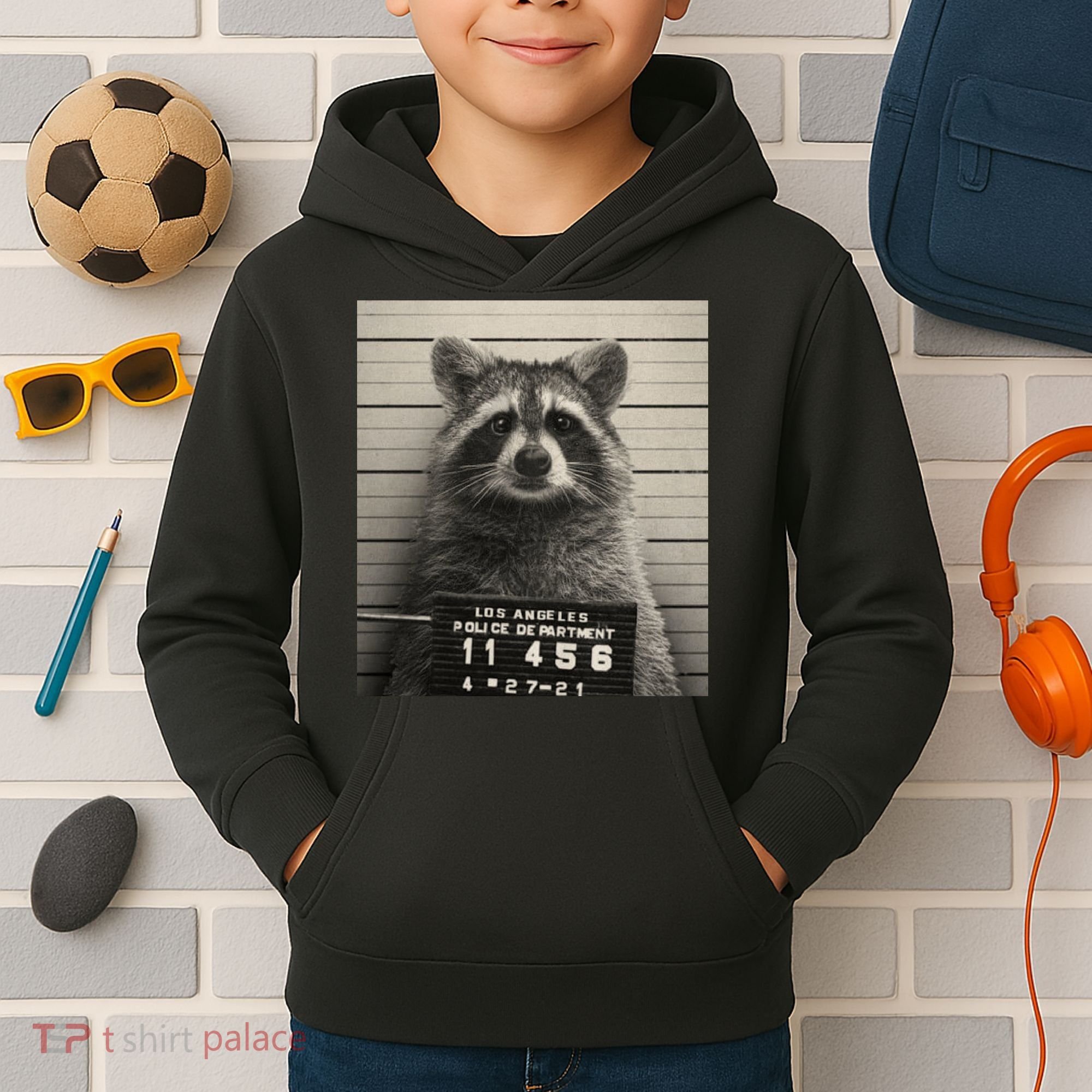Raccoon Mugshot Funny Parody Kids Hoodie
