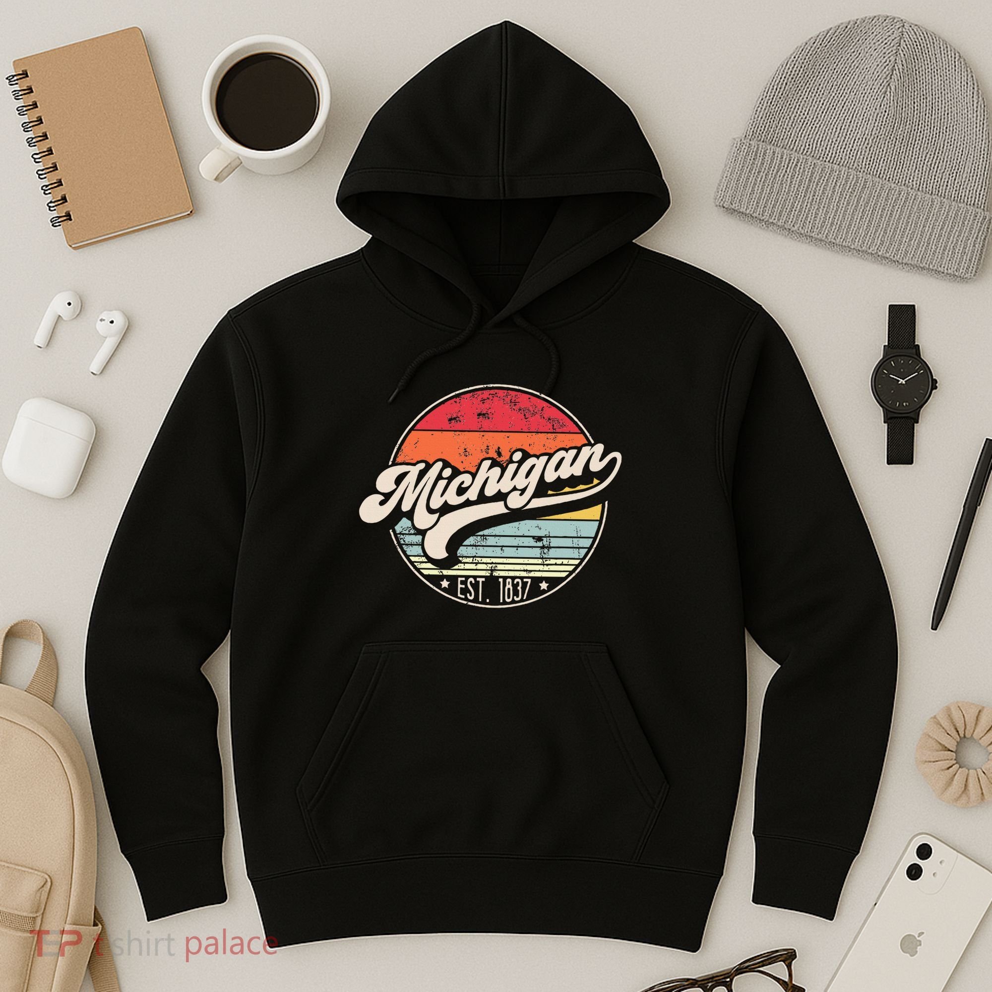 Retro Michigan Home State Mi Cool 70s Style Sunset Hoodie