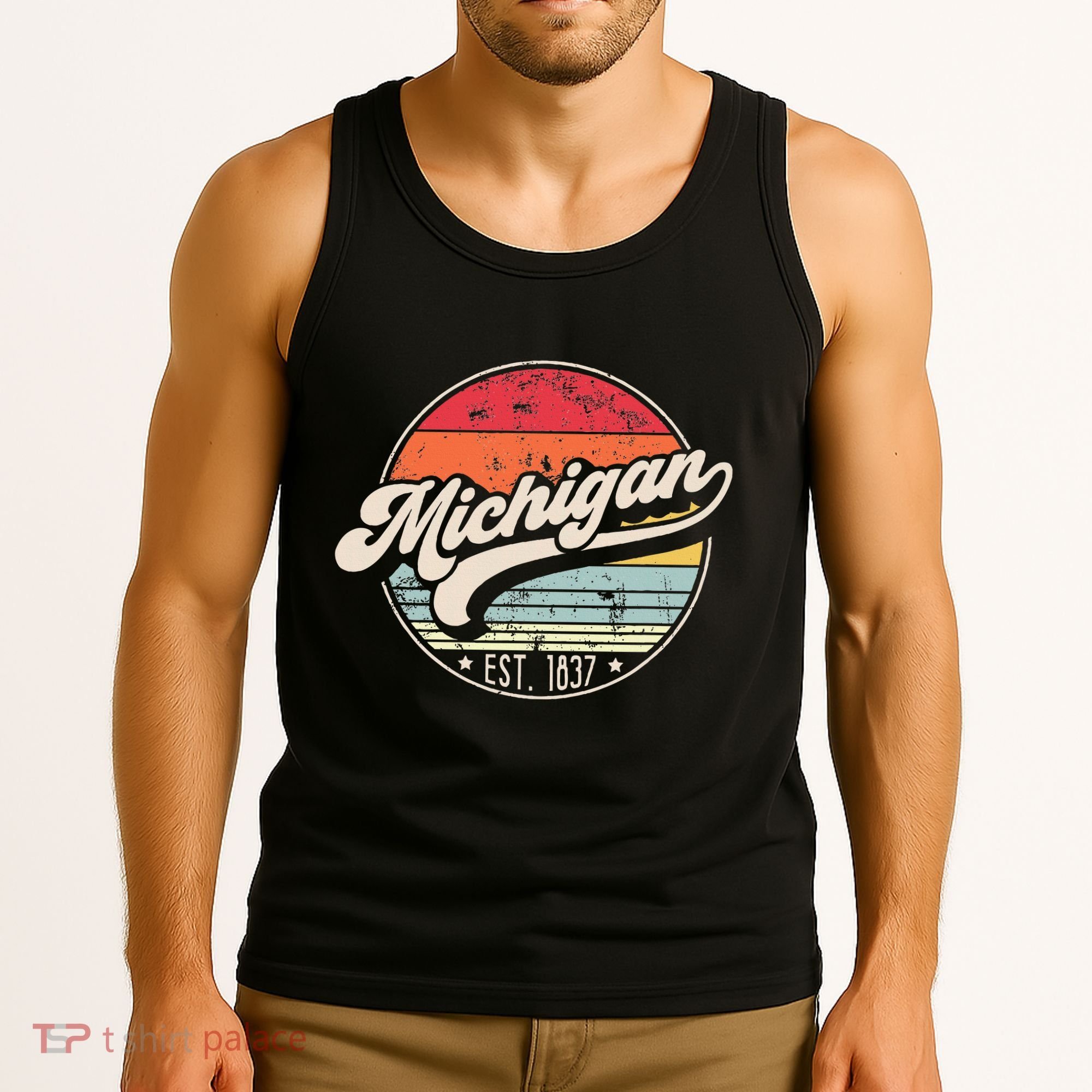 Retro Michigan Home State Mi Cool 70s Style Sunset Tank Top