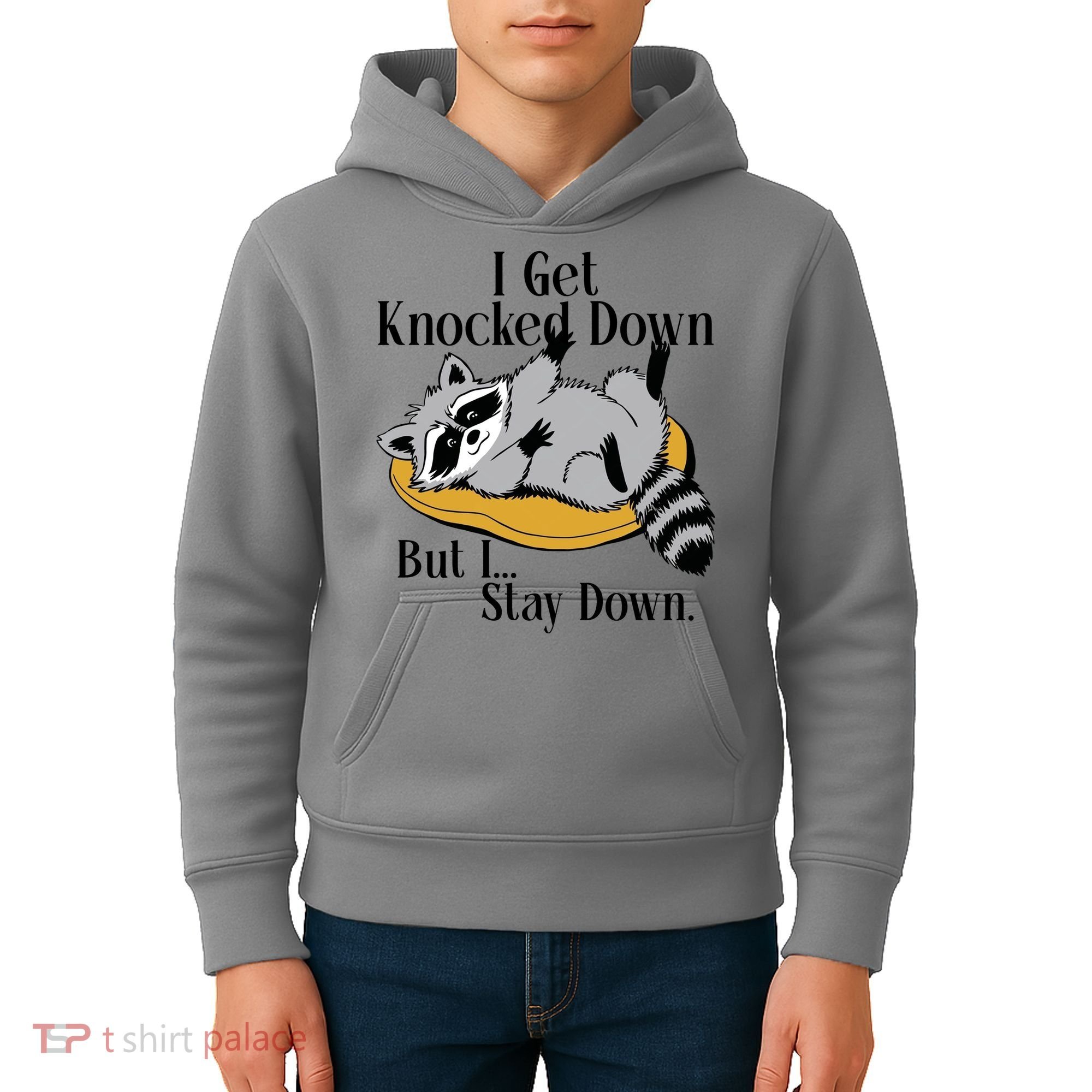 Raccoon Meme I Get Knocked Down But I Stay Down Kids Hoodie