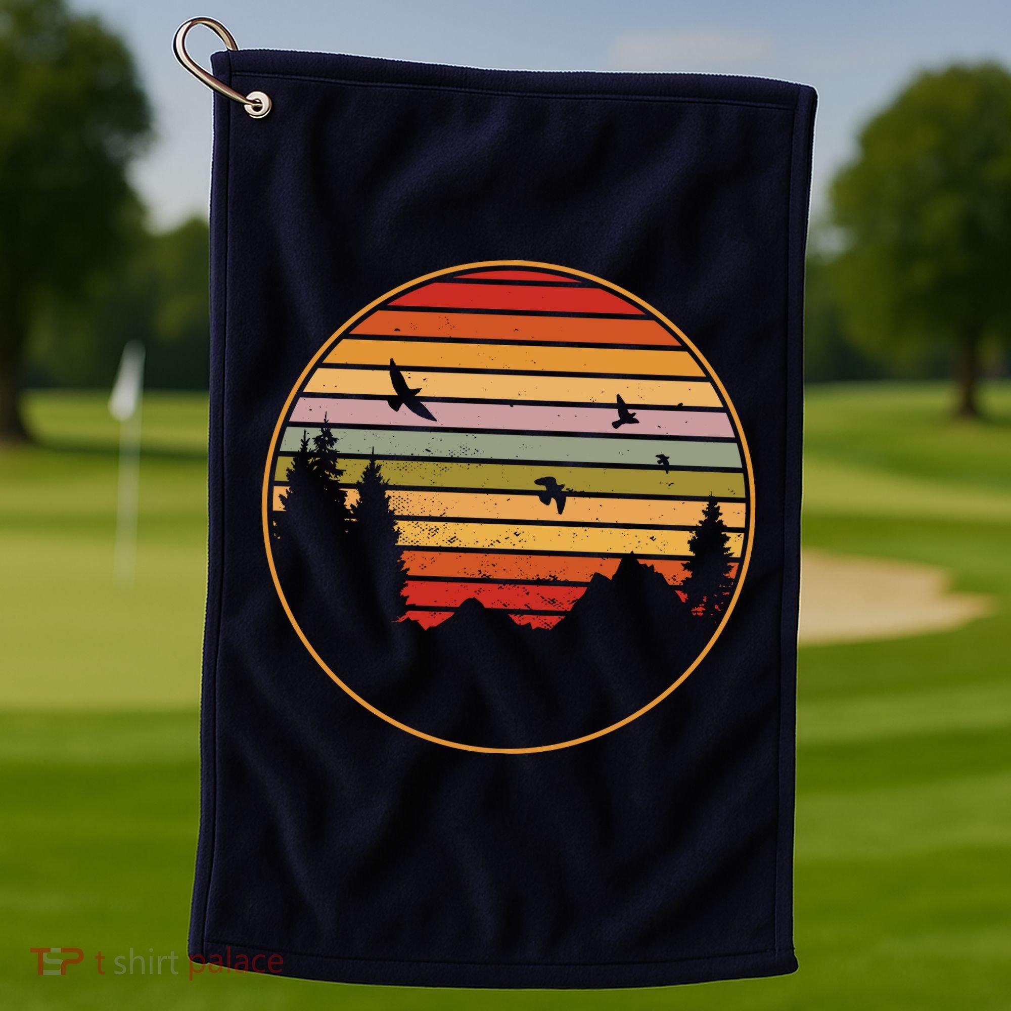 Retro Mountain Nature Sunset Golf Towel