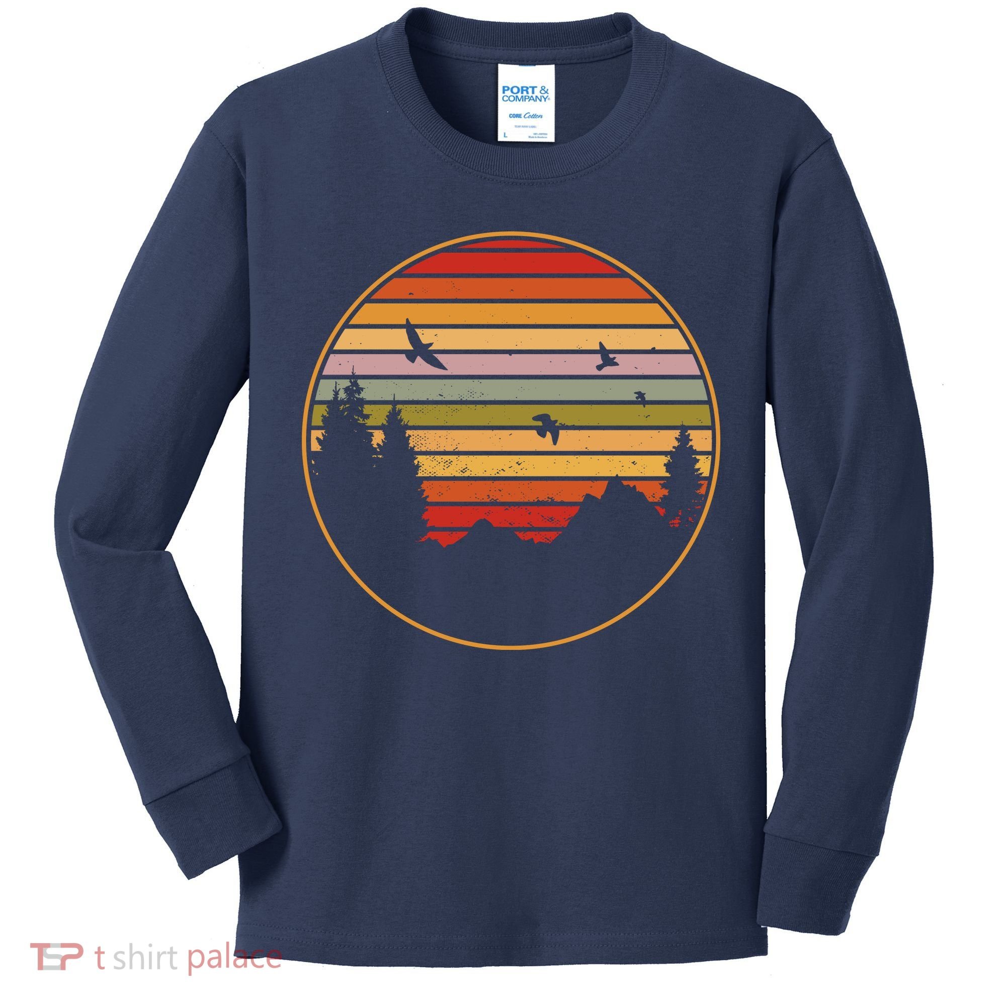 Retro Mountain Nature Sunset Kids Long Sleeve Shirt