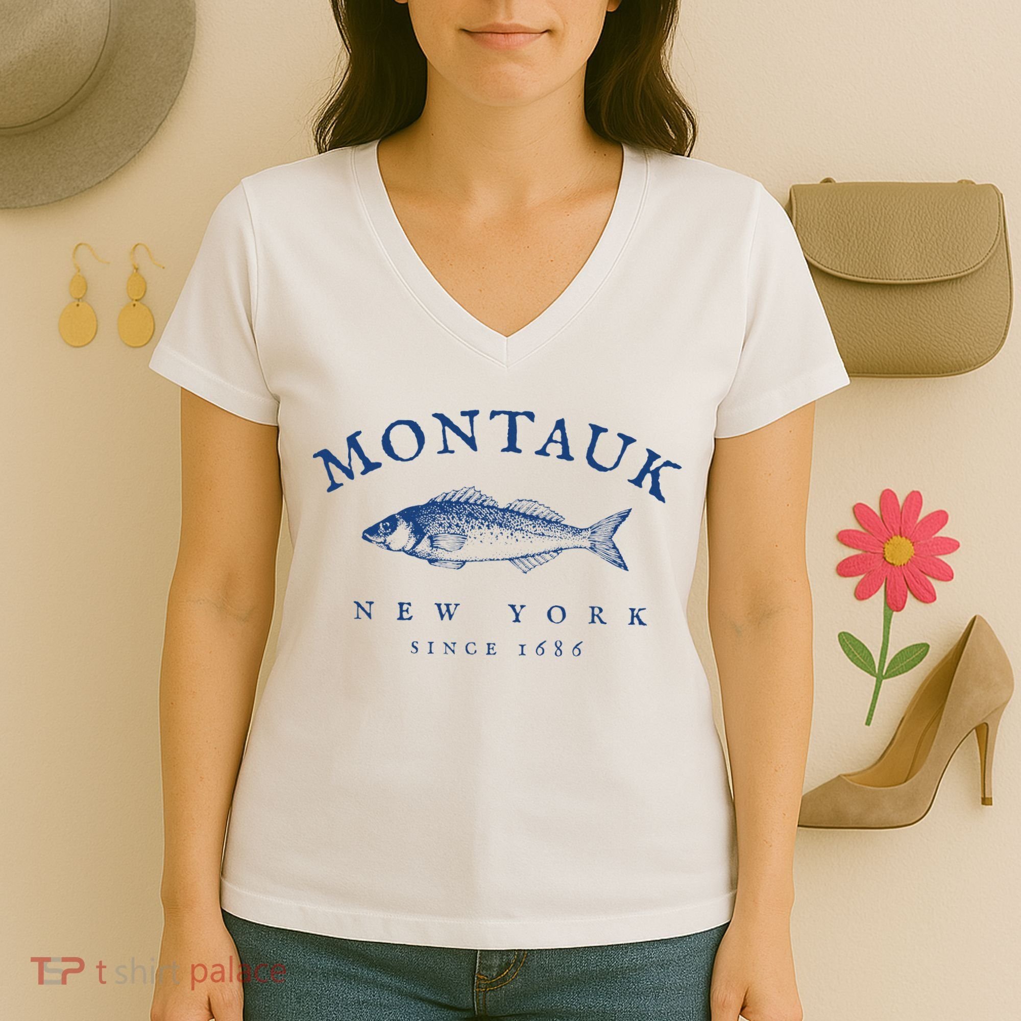 Retro Montauk New York Fishing Women's V-Neck T-Shirt