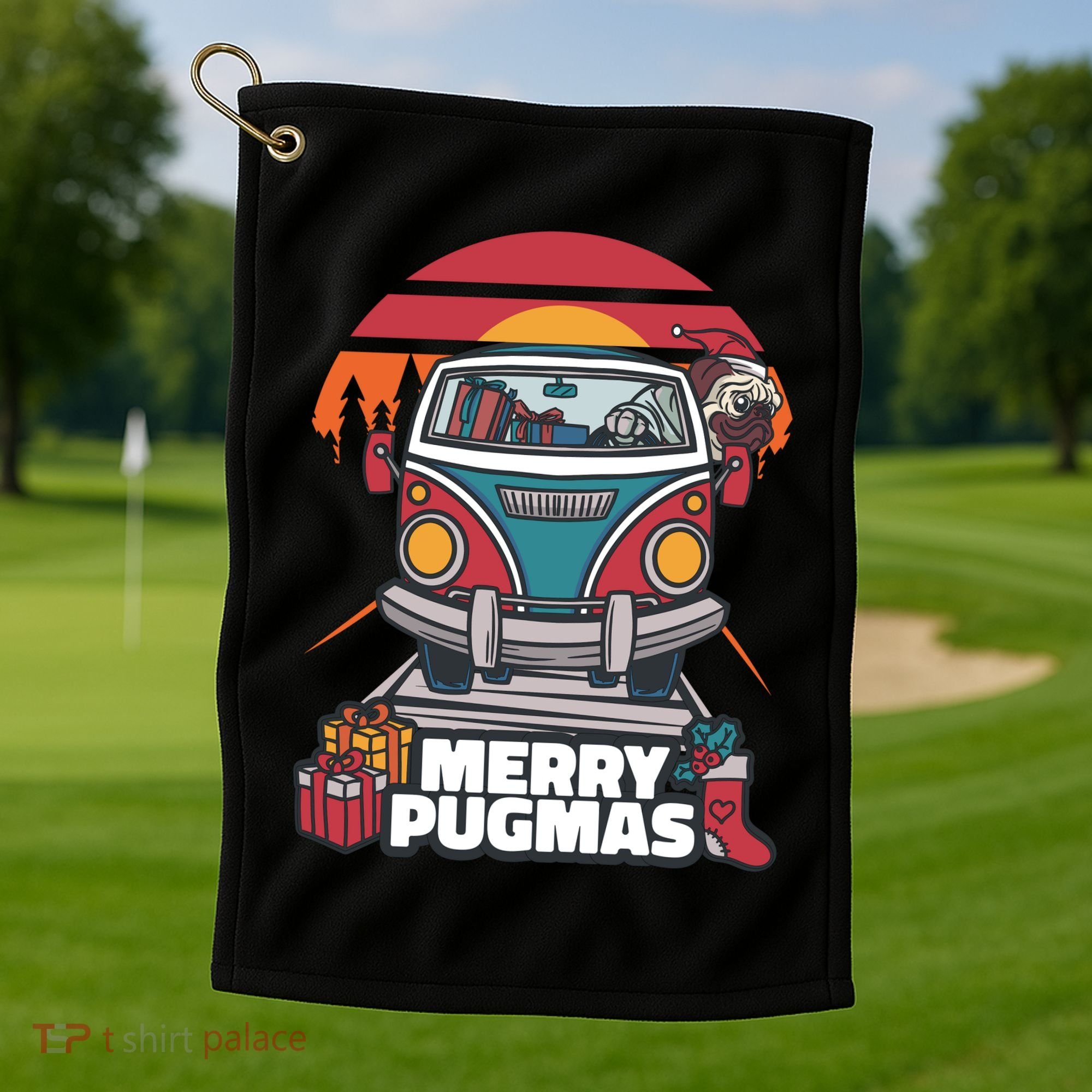 Retro Merry Pugmas Golf Towel