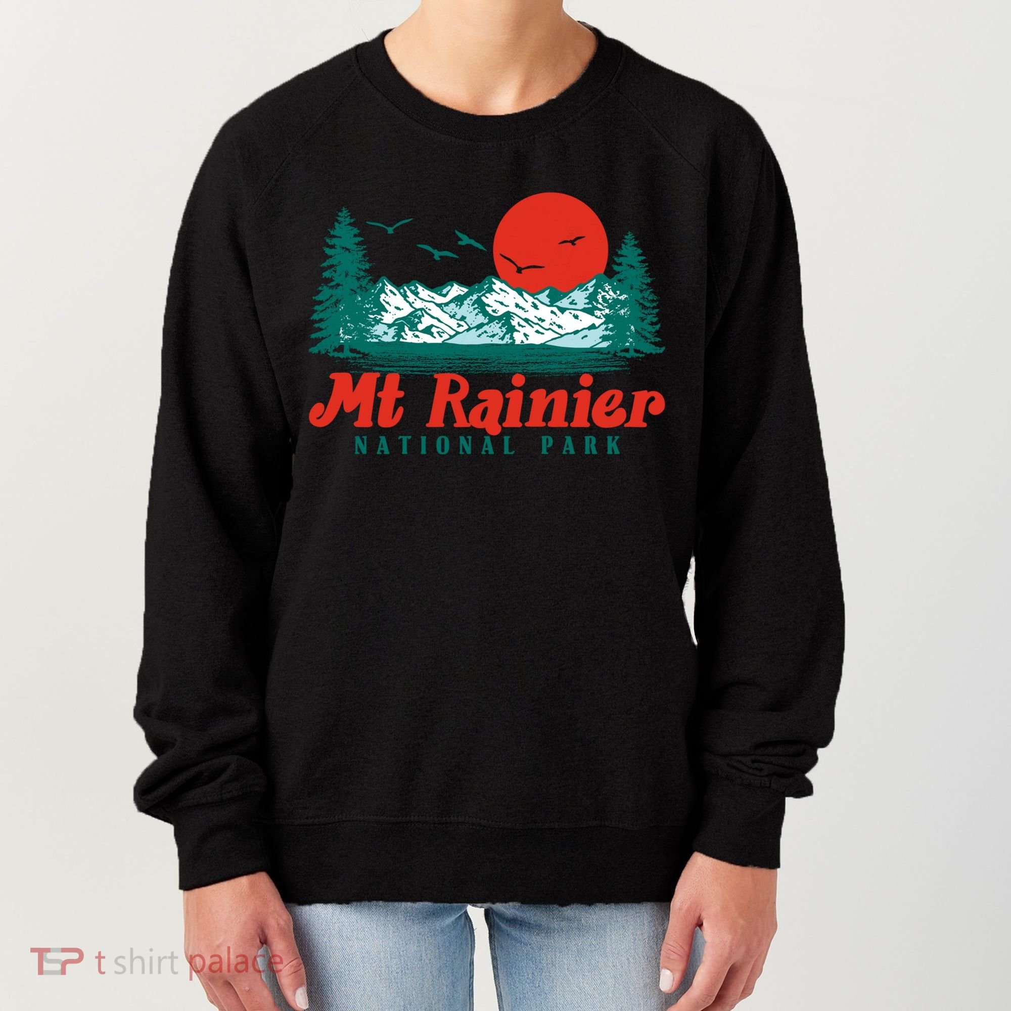 Retro Mount Rainier Mountain Trees And Sun Scene Graphic Gift Women's Sweatshirt
