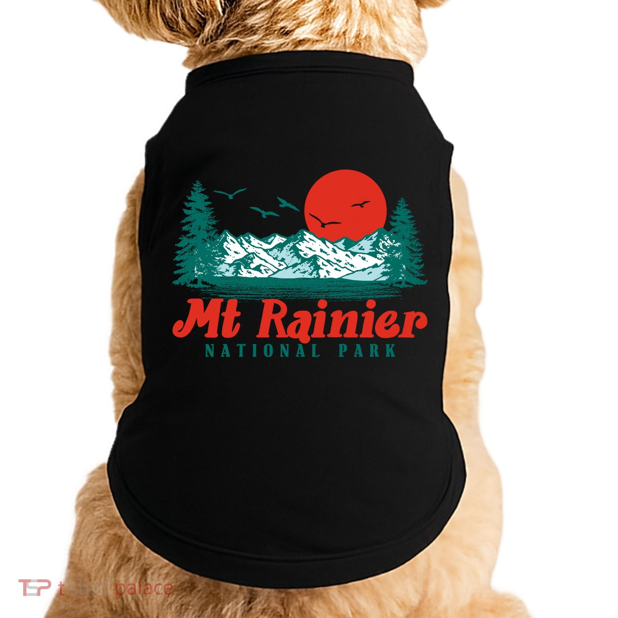Retro Mount Rainier Mountain Trees And Sun Scene Graphic Gift Doggie Tank