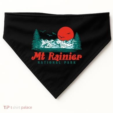Retro Mount Rainier Mountain Trees And Sun Scene Graphic Gift USA-Made Doggie Bandana