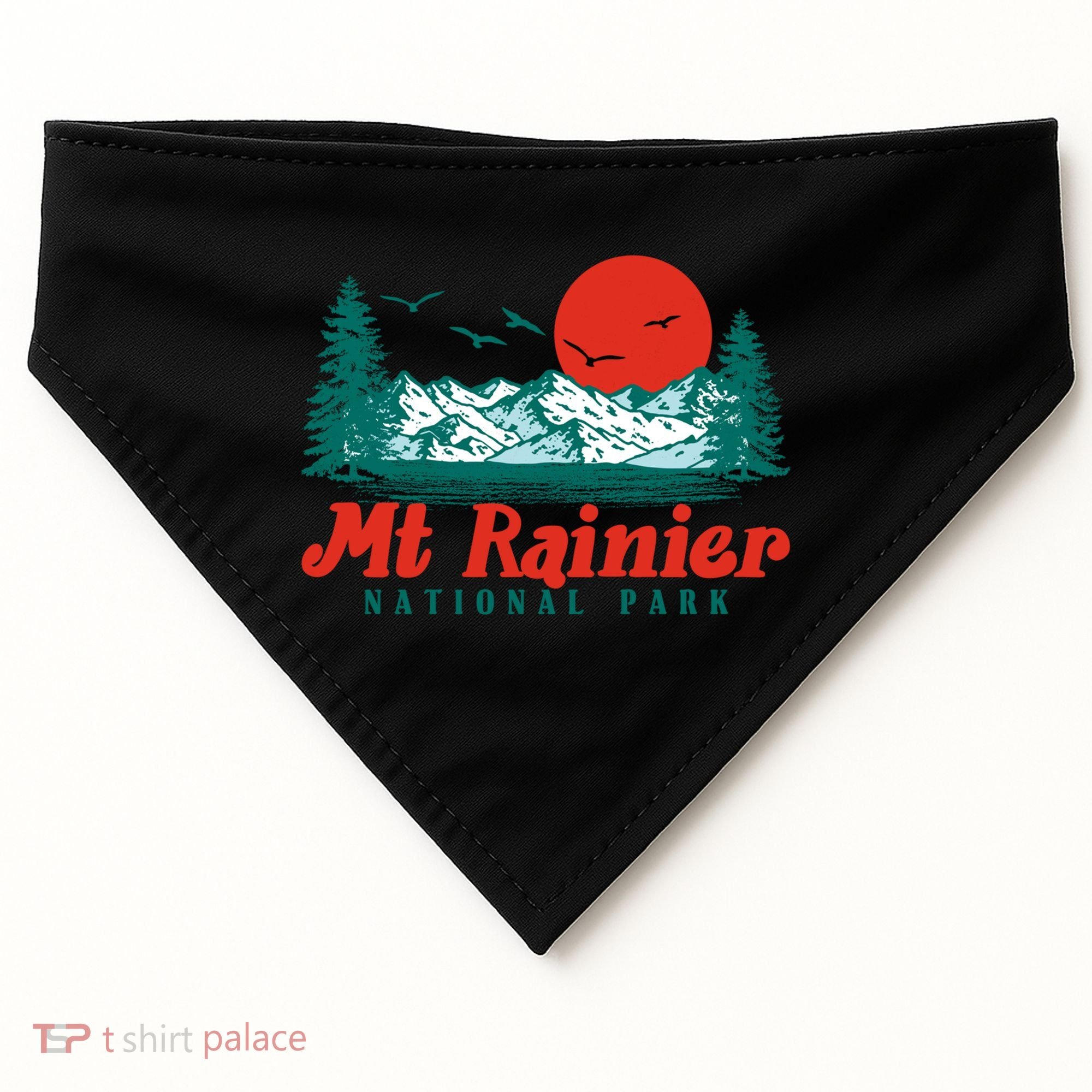 Retro Mount Rainier Mountain Trees And Sun Scene Graphic Gift USA-Made Doggie Bandana