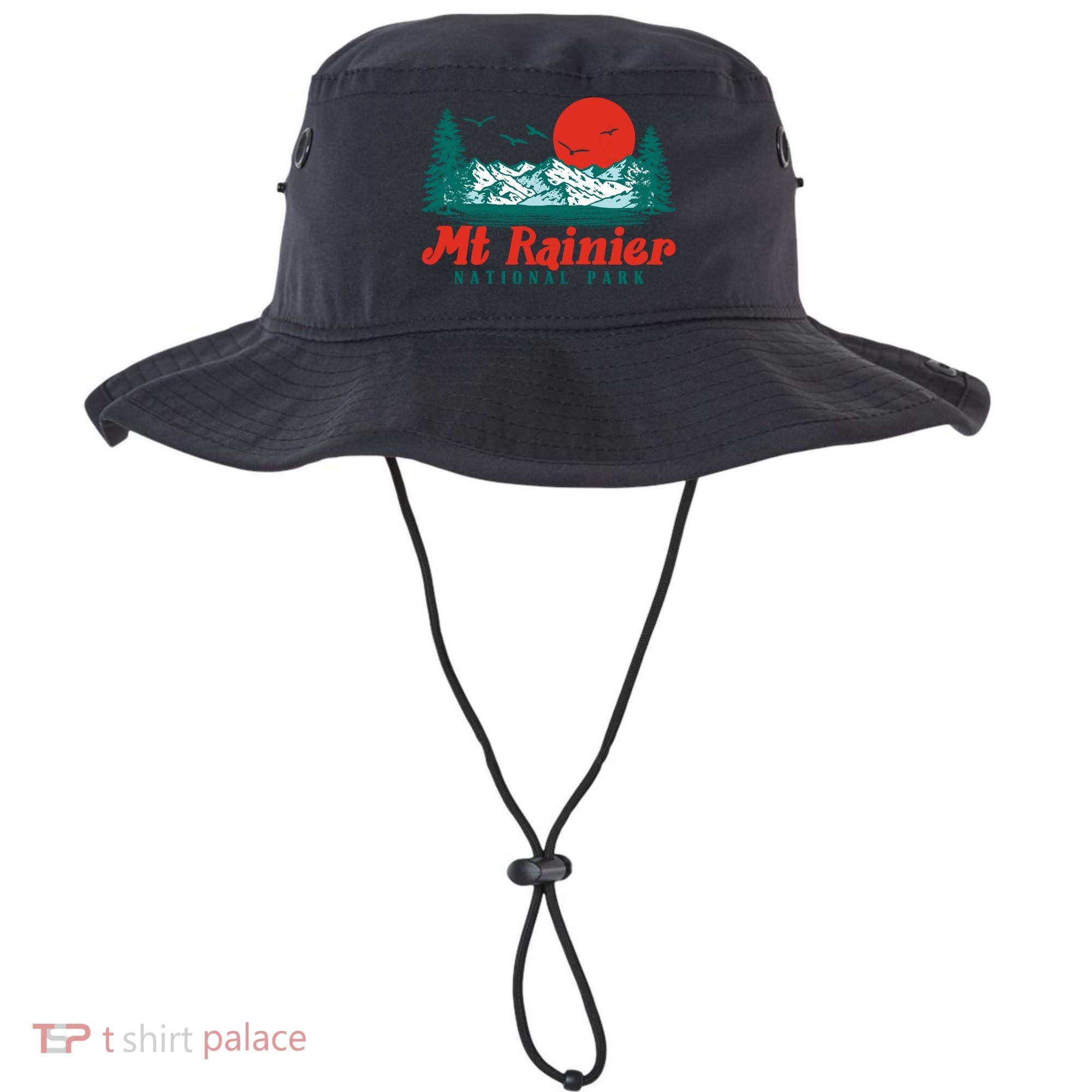 Retro Mount Rainier Mountain Trees And Sun Scene Graphic Gift Bucket Hat