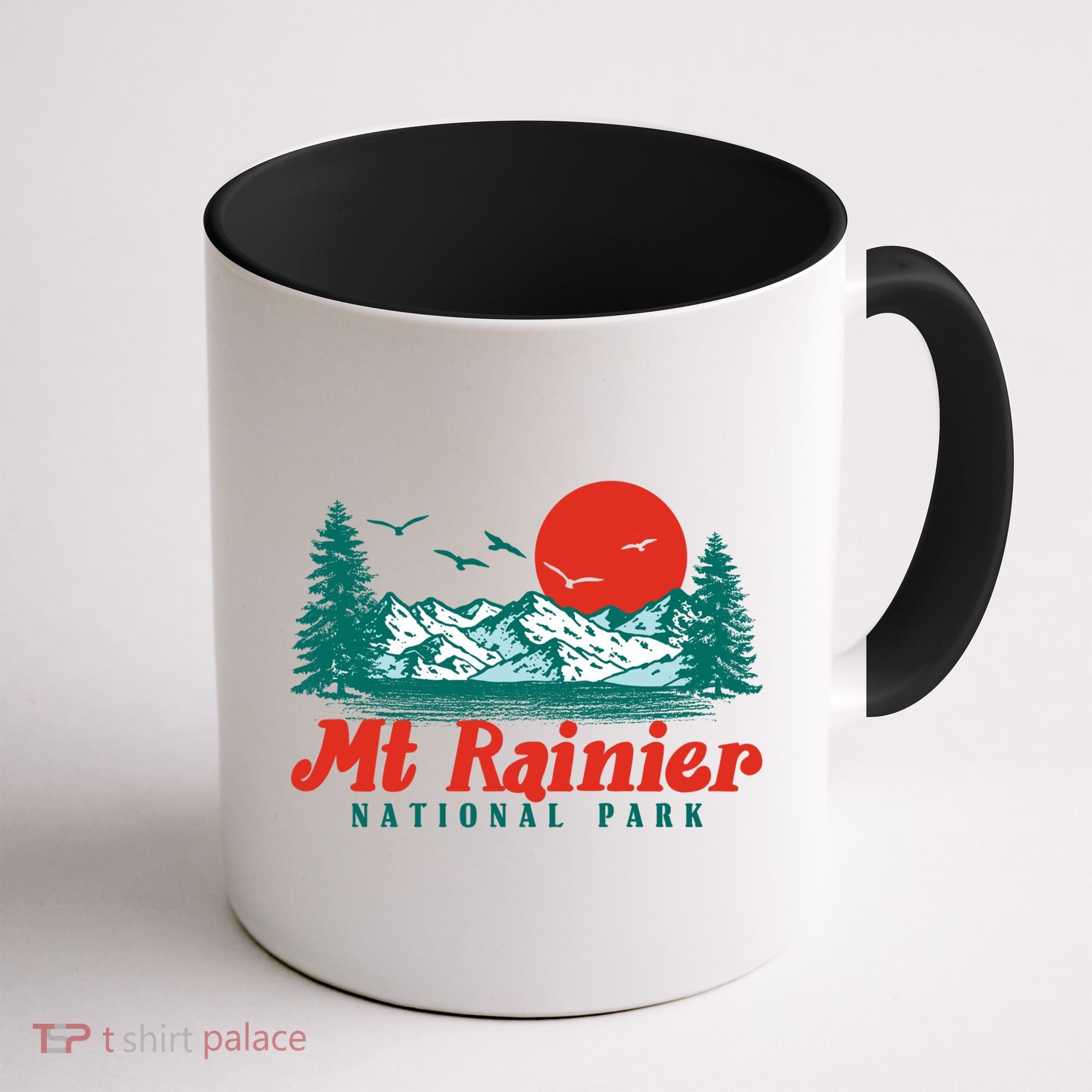 Retro Mount Rainier Mountain Trees And Sun Scene Graphic Gift Coffee Mug
