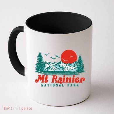Retro Mount Rainier Mountain Trees And Sun Scene Graphic Gift Coffee Mug