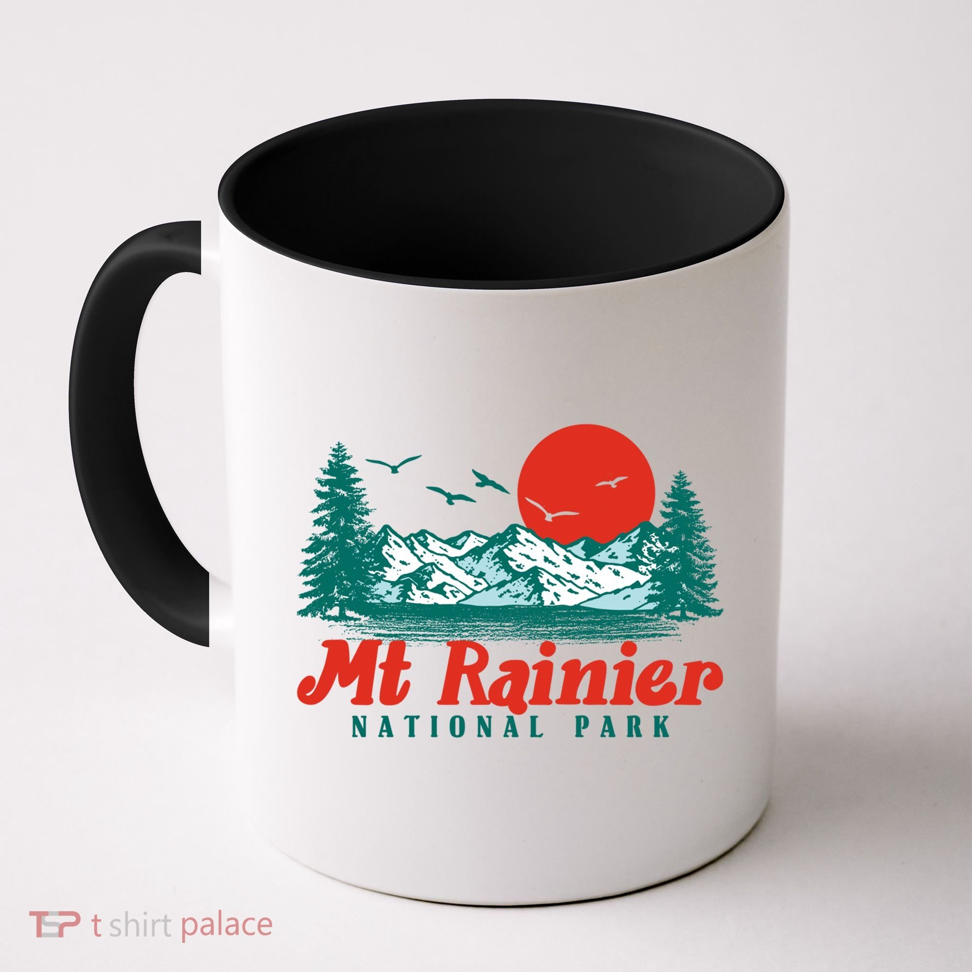 Retro Mount Rainier Mountain Trees And Sun Scene Graphic Gift Coffee Mug