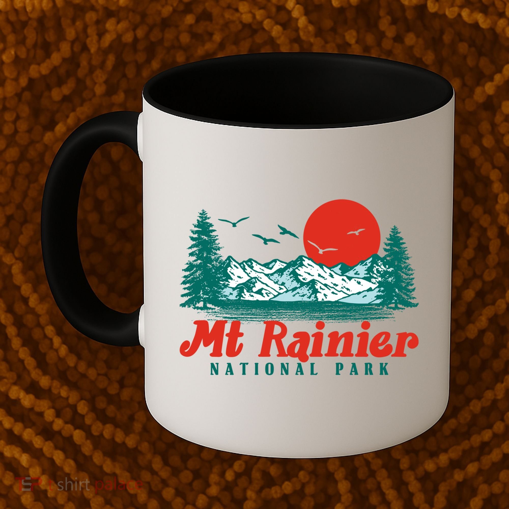 Retro Mount Rainier Mountain Trees And Sun Scene Graphic Gift Coffee Mug
