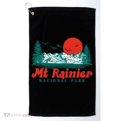 Retro Mount Rainier Mountain Trees And Sun Scene Graphic Gift Golf Towel