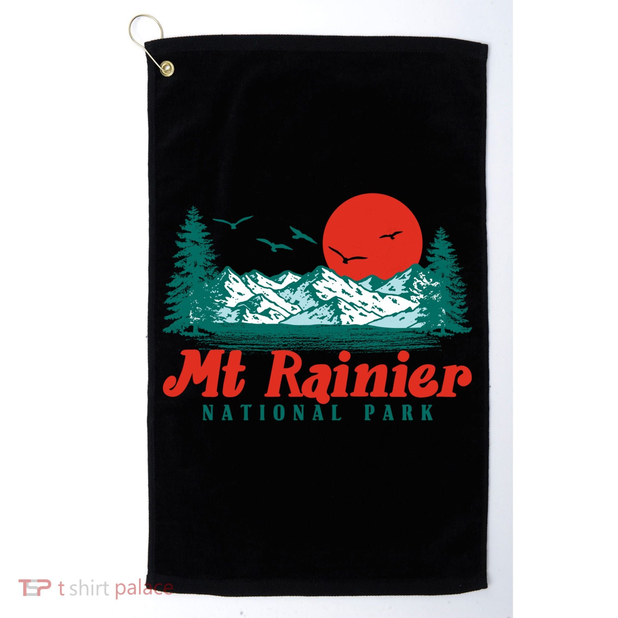 Retro Mount Rainier Mountain Trees And Sun Scene Graphic Gift Golf Towel