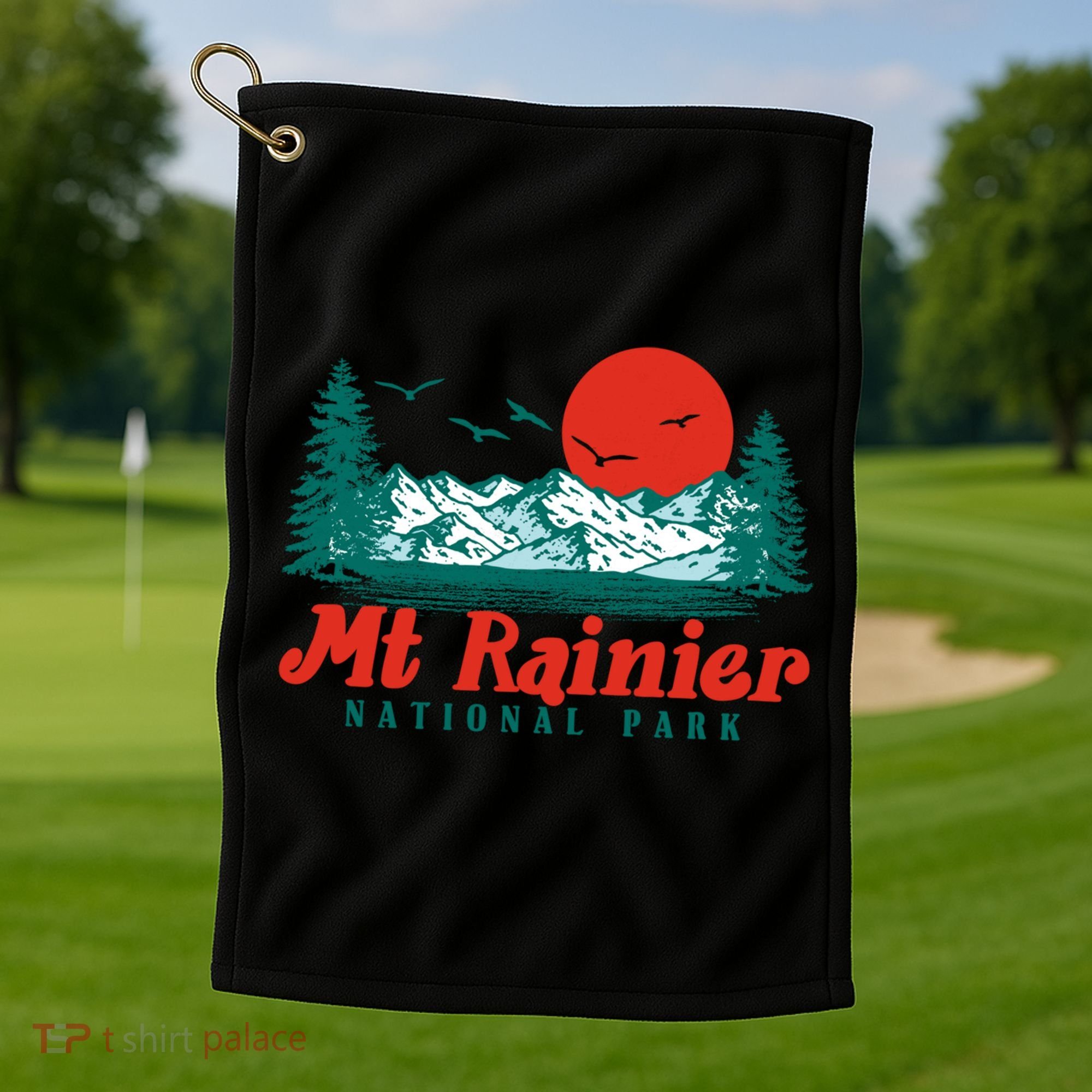 Retro Mount Rainier Mountain Trees And Sun Scene Graphic Gift Golf Towel