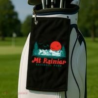 Retro Mount Rainier Mountain Trees And Sun Scene Graphic Gift Golf Towel thumb 2