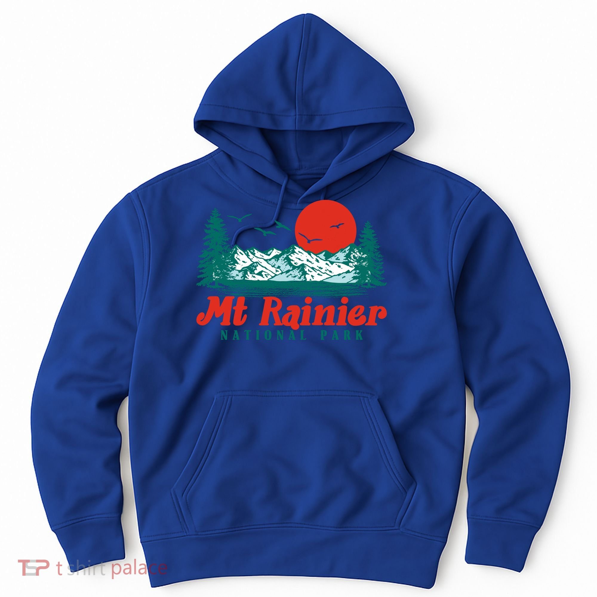 Retro Mount Rainier Mountain Trees And Sun Scene Graphic Gift Hoodie