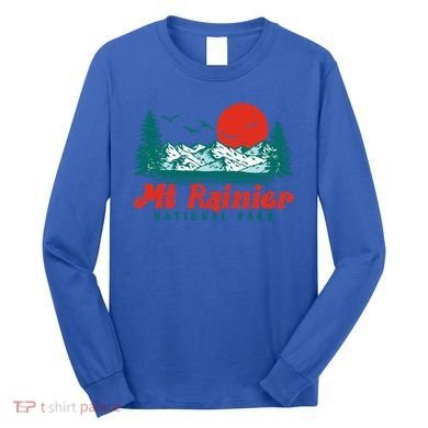 Retro Mount Rainier Mountain Trees And Sun Scene Graphic Gift Long Sleeve Shirt