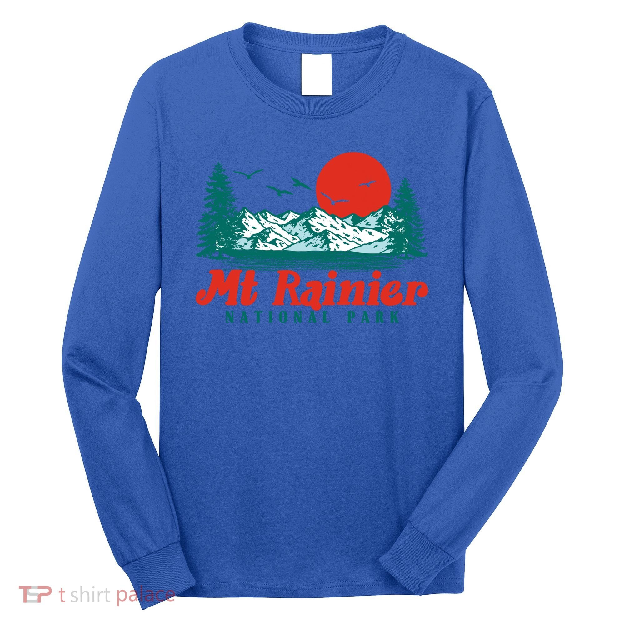 Retro Mount Rainier Mountain Trees And Sun Scene Graphic Gift Long Sleeve Shirt