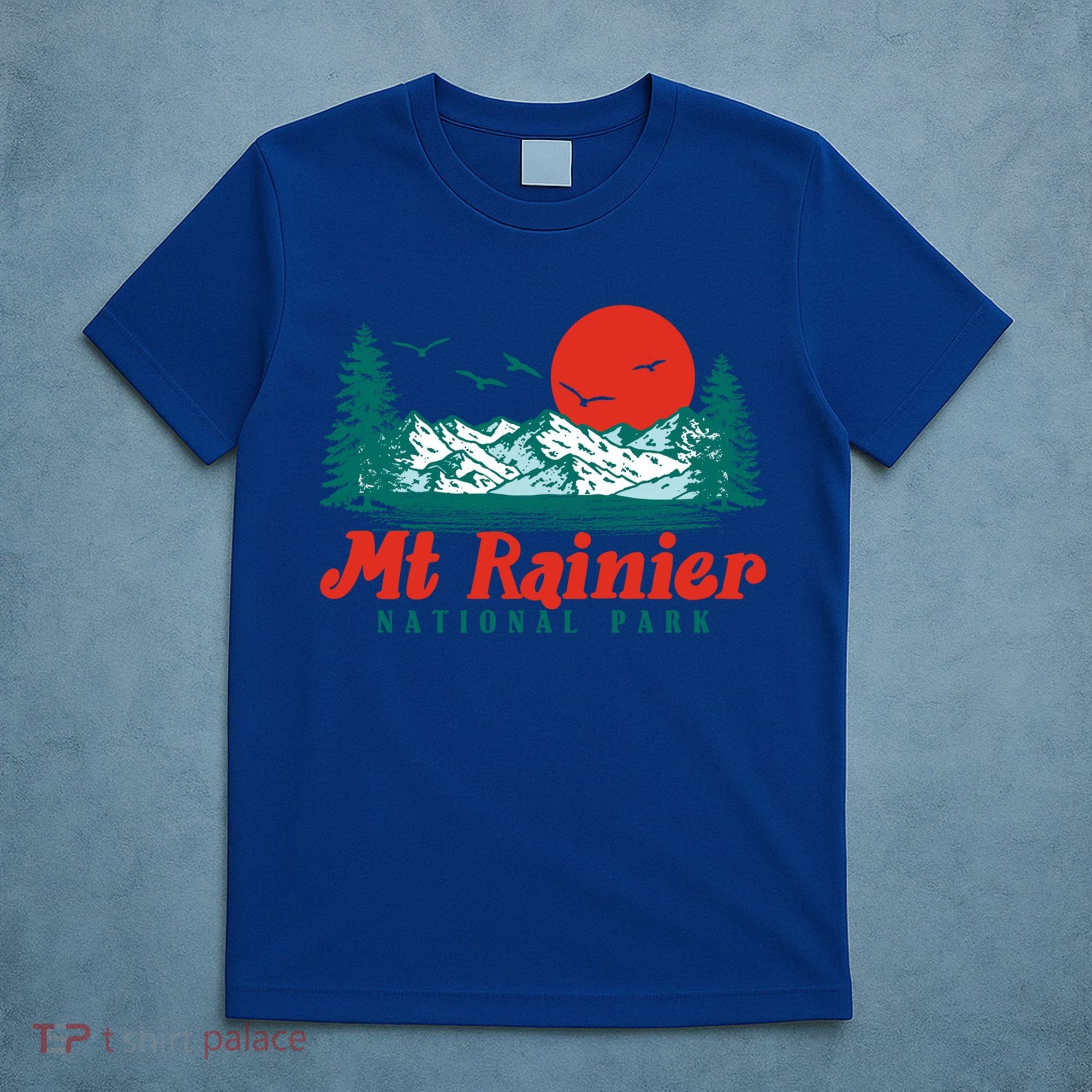 Retro Mount Rainier Mountain Trees And Sun Scene Graphic Gift T-Shirt