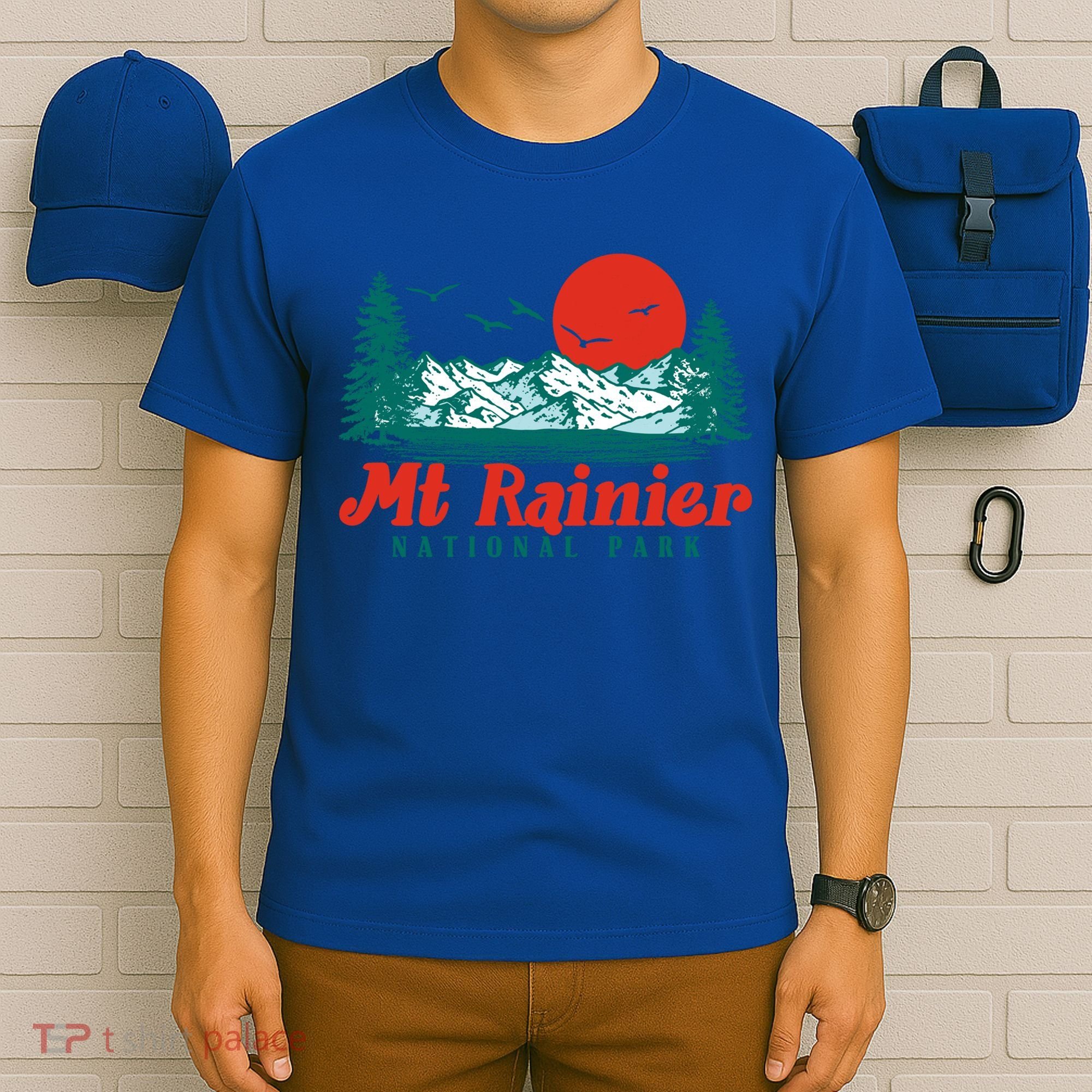 Retro Mount Rainier Mountain Trees And Sun Scene Graphic Gift T-Shirt