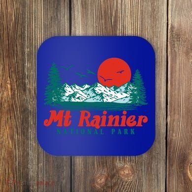 Retro Mount Rainier Mountain Trees And Sun Scene Graphic Gift Coaster