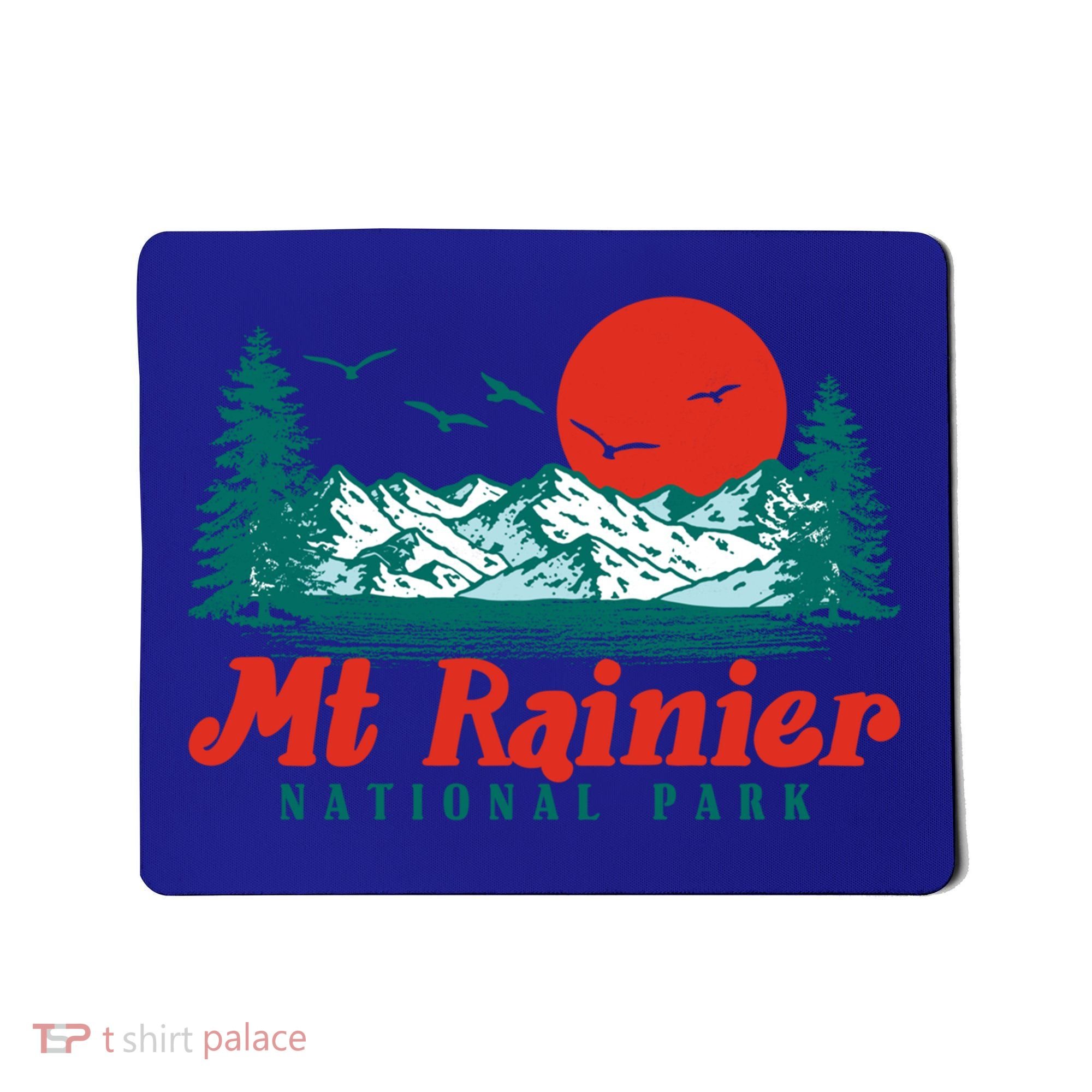 Retro Mount Rainier Mountain Trees And Sun Scene Graphic Gift Mousepad