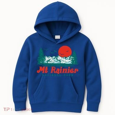 Retro Mount Rainier Mountain Trees And Sun Scene Graphic Gift Kids Hoodie