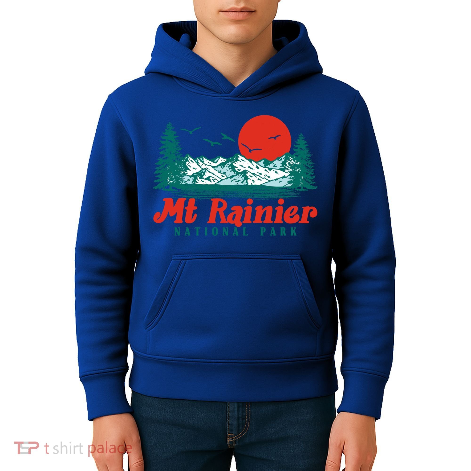 Retro Mount Rainier Mountain Trees And Sun Scene Graphic Gift Kids Hoodie