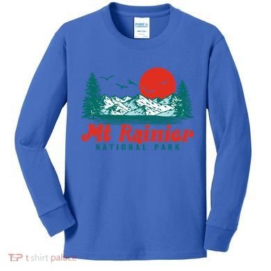 Retro Mount Rainier Mountain Trees And Sun Scene Graphic Gift Kids Long Sleeve Shirt