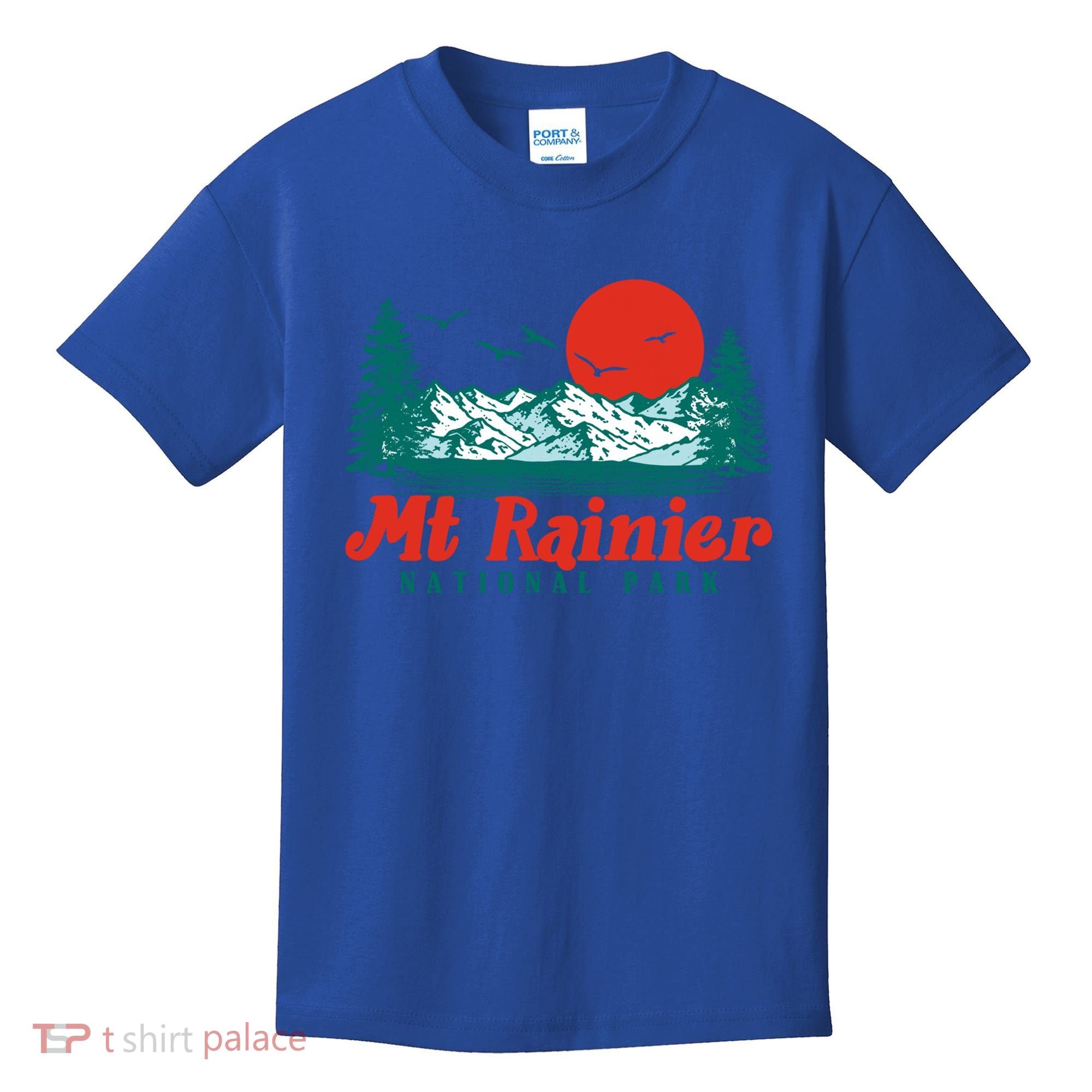 Retro Mount Rainier Mountain Trees And Sun Scene Graphic Gift Kids T-Shirt