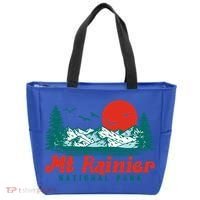 Retro Mount Rainier Mountain Trees And Sun Scene Graphic Gift Tote Bag thumb 0