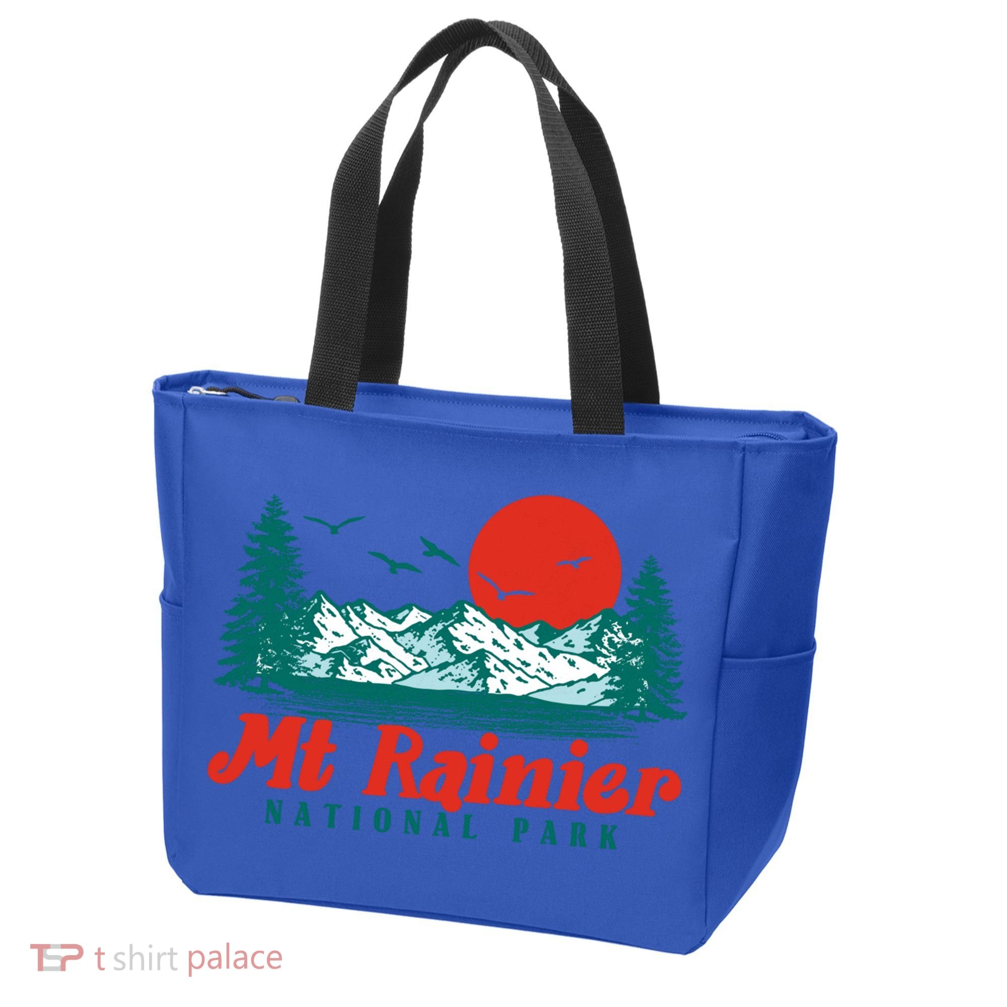 Retro Mount Rainier Mountain Trees And Sun Scene Graphic Gift Tote Bag