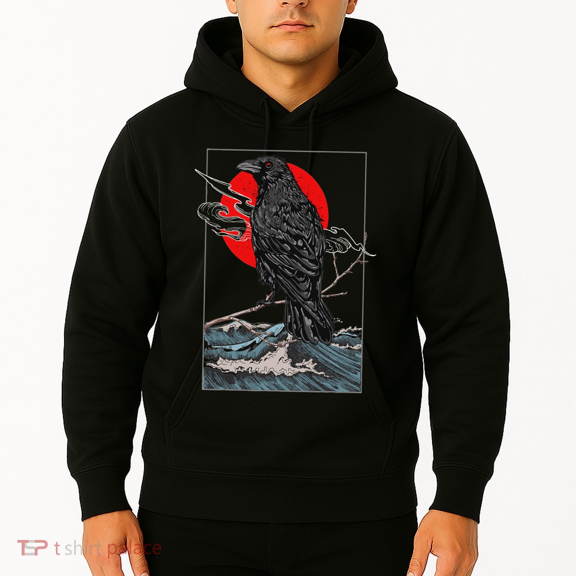 Red Moon Raven Graphic Black Crow Hoodie