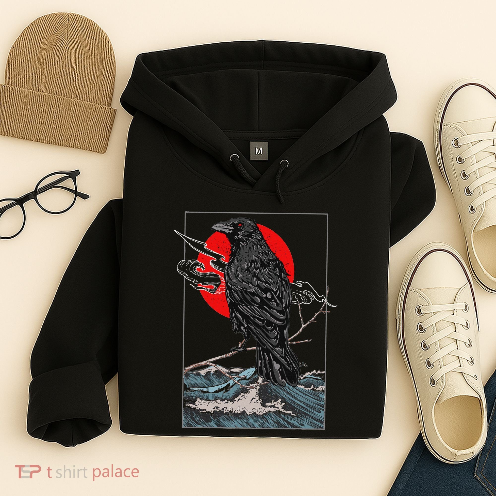 Red Moon Raven Graphic Black Crow Hoodie