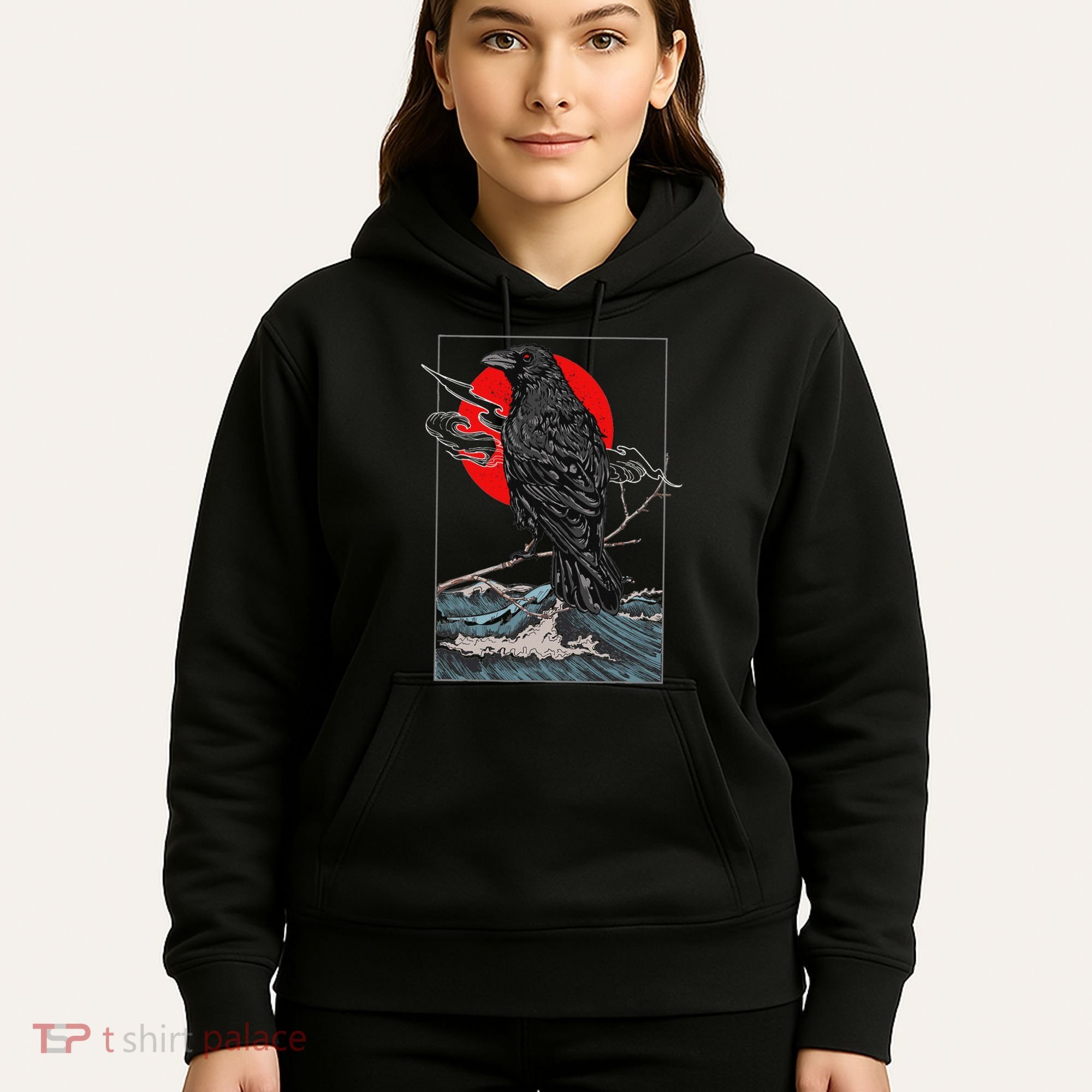 Red Moon Raven Graphic Black Crow Hoodie