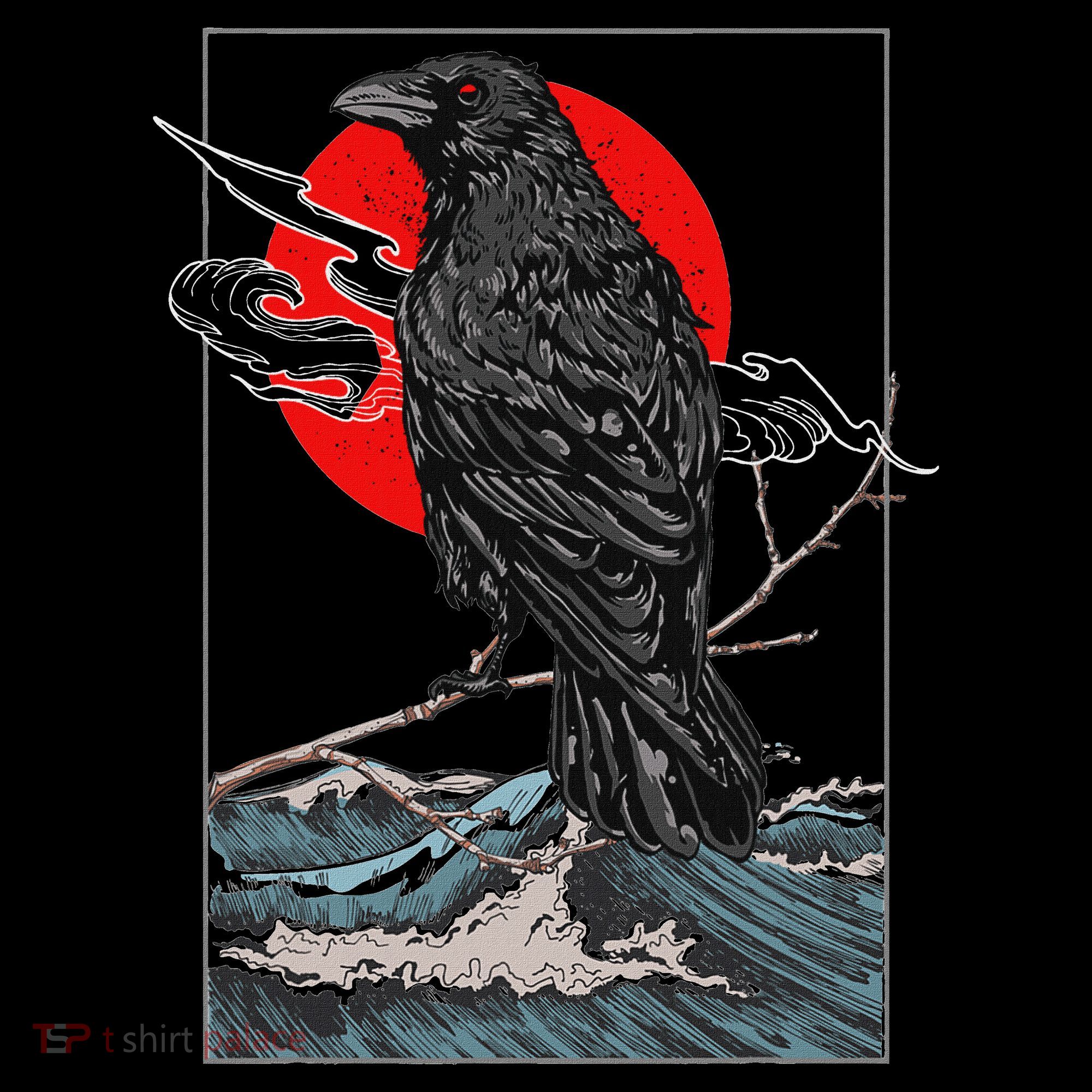 Red Moon Raven Graphic Black Crow Long Sleeve Shirt