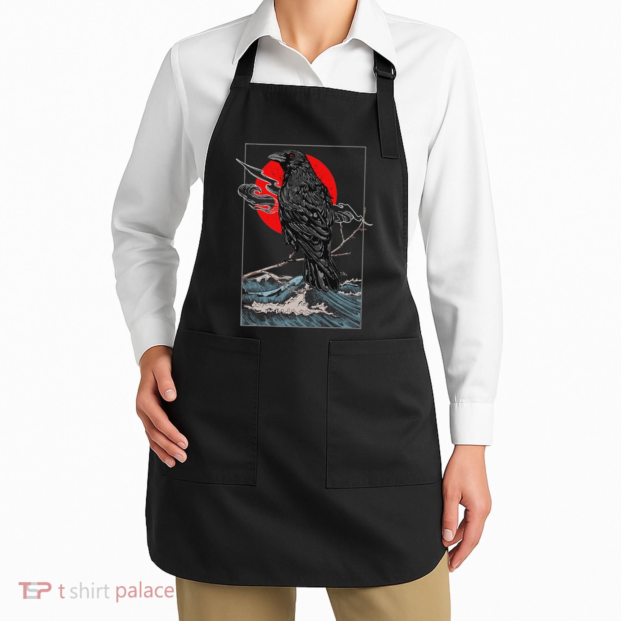 Red Moon Raven Graphic Black Crow Apron