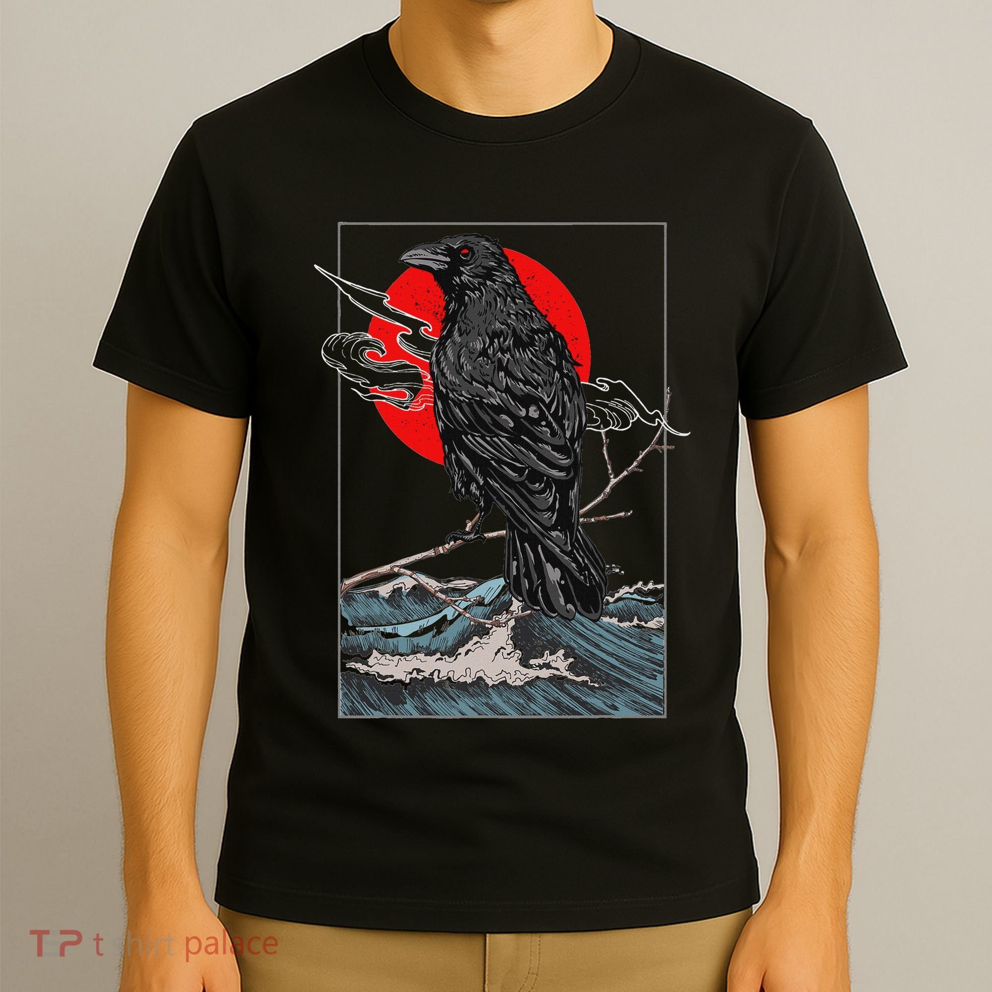 Red Moon Raven Graphic Black Crow T-Shirt