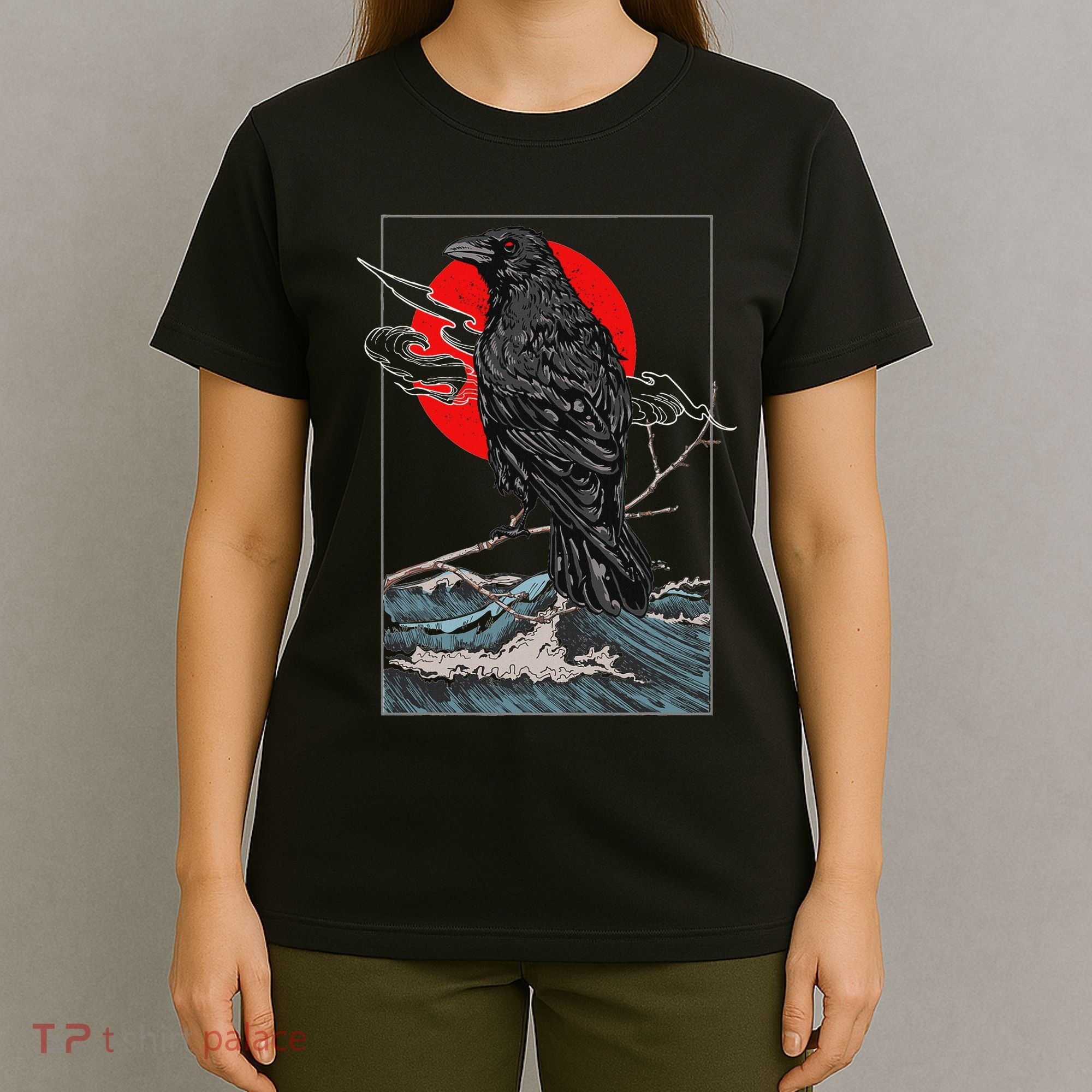 Red Moon Raven Graphic Black Crow T-Shirt